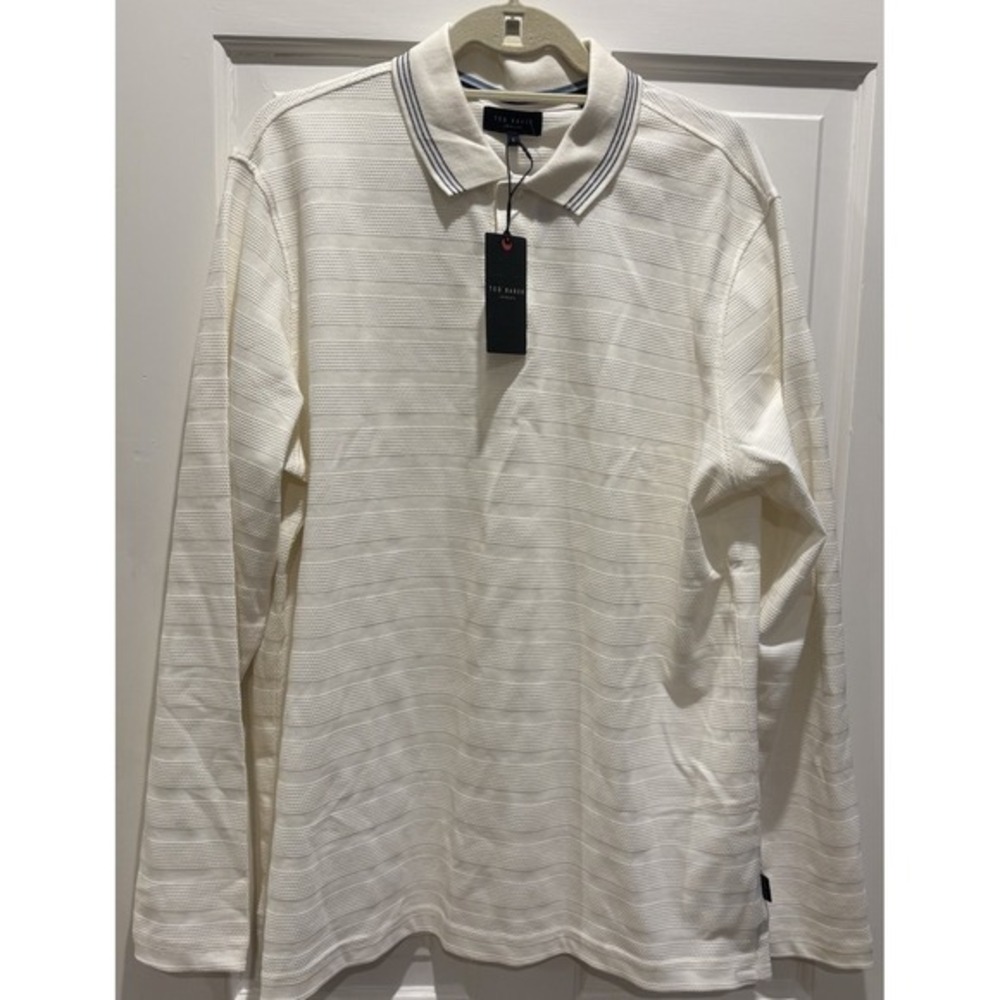 Ted Baker London Long Sleeve White Popcorn Stripe Polo Shirt Size L‎